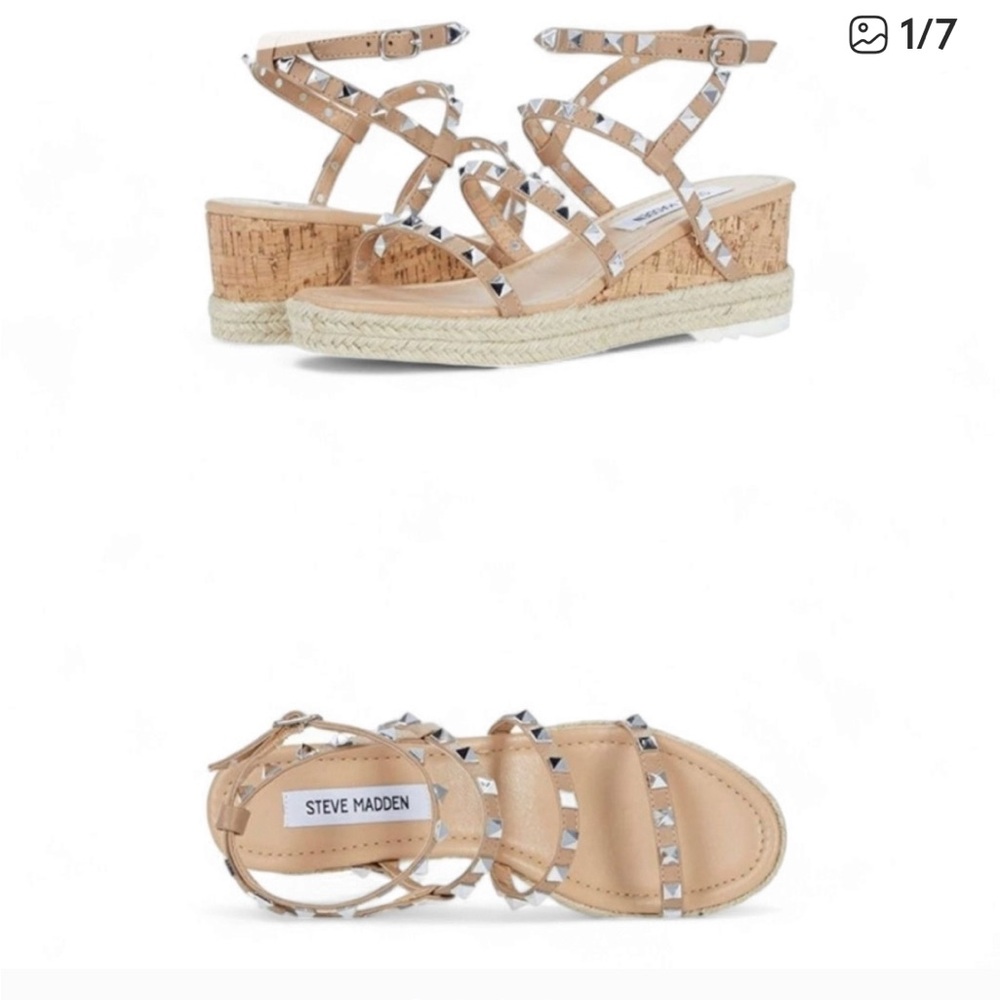 Steve Madden Prino metal Studded Nude Espadrilles Ankle wrap Sandals sz 8.5